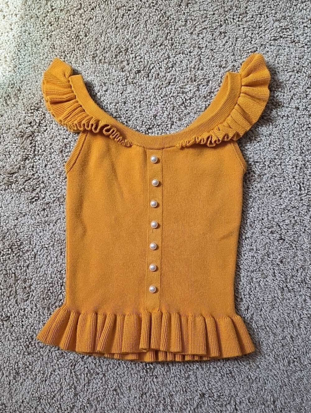 Express Mustard Ruffle Knit Tank with Pearl Buttons